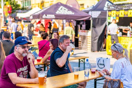 Brno, Czech republic - 12.9.2020: Peoples are visiting the beer celebration festival at Brno, Czech Republic. Beer to drink with some delicious food from street market. Summer party celebration.のeditorial素材