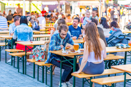 Brno, Czech republic - 12.9.2020: Peoples are visiting the beer celebration festival at Brno, Czech Republic. Beer to drink with some delicious food from street market. Summer party celebration.のeditorial素材