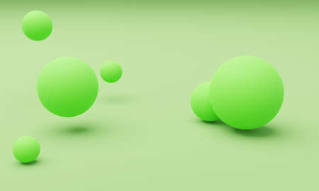 Spheres of green color are placed on soft green background. Pastel colors, soft shadows. Abstract and modern design, 3D render.の写真素材