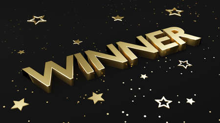 Gold text winner placed on dark gray background with golden stars around. Concept of victory and success. Soft light, bokeh effect.の写真素材