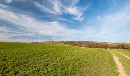 Lookout tower near Hustopece city, placed in blooming almond tree orchard. South Moravia region,...