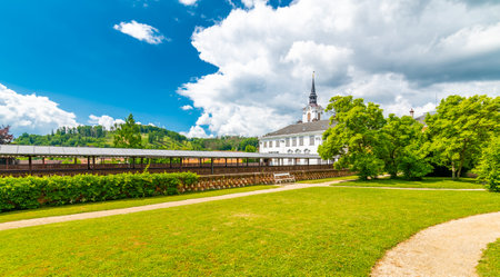 Lysice castle, Czech Republic. Famous baroque castle built in 14th century. Beautiful formal garden,...