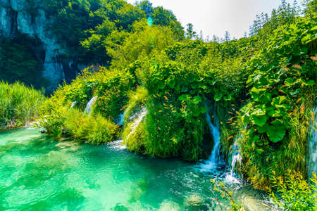 View of waterfall at Plitvice lakes, Croatia. Panoramic view of fresh nature, blue water and green trees.の写真素材