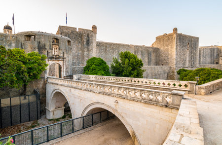 Pile gate entrance at Dubrovnik old town. Morning time during sunrise. Soft light. Dubrovnik is a famous tourist destination in Croatia, part ofの写真素材