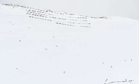 The cable car with ski tourist at Skalnate Pleso mountain, Slovakia Hight Tatras.
