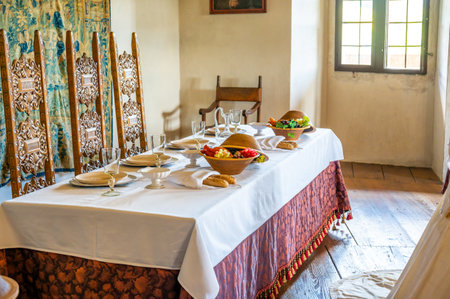 Pernstejn, Czech Republic - 7.8.2022: Interior of Pernstejn castle,. Equipment, furniture and rooms interior. Gothic style.のeditorial素材