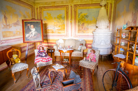 Pernstejn, Czech Republic - 7.8.2022: Interior of Pernstejn castle,. Equipment, furniture and rooms interior. Gothic style.のeditorial素材