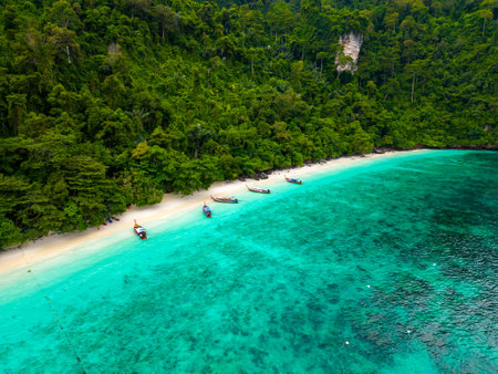 Aerial drone view of famous Monkey Beach at Ko Phi Phi island, Thailand. Tropical beach with white sand, turquoise water and green forest. Long-tailed boats are waiting on the beach. Exotic tourist destination, paradise.の写真素材