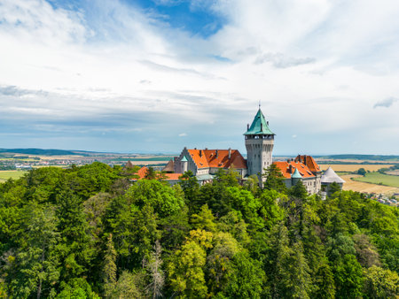 Aerial drone fly near Smolenice castle, Slovakia. Trnava region, Litle Carpathians.のeditorial素材
