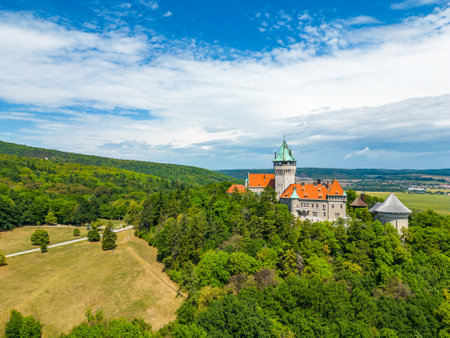 Aerial drone fly near Smolenice castle, Slovakia. Trnava region, Litle Carpathians.のeditorial素材