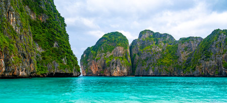 View of famous Maya Bay, Thailand. One of the most popular beaches in the world. Ko Phi Phi islands. Beach without people.の写真素材