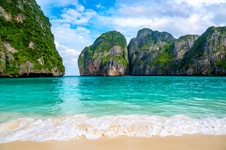 View of famous Maya Bay, Thailand. One of the most popular beaches in the world. Ko Phi Phi islands. Beach without people.の写真素材