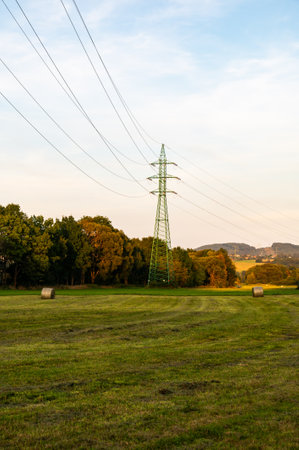 High voltage power line on agriculture land at meadow.の写真素材