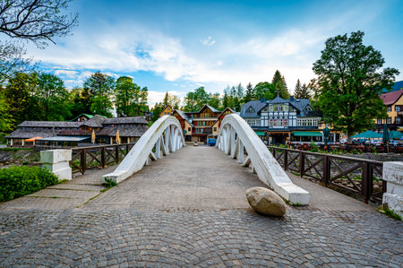 Famous white bridge over Elbe river at Spindleruv Mlyn city, Czech Republic. Famous tourist destination.の写真素材