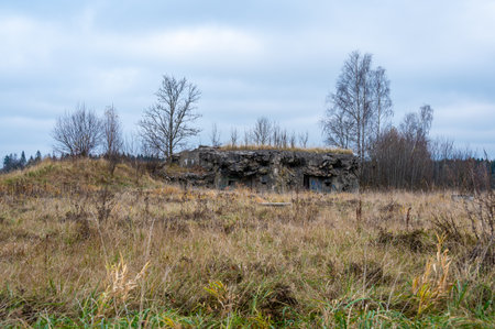 A historical image of a well-preserved infantry bunker near the town of Kraliky, showcasing its solid concrete structure and significance as a part of Czechoslovakia's wartime fortifications.の写真素材