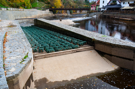 Fish migration brushes on the weir, designed to help fish swim upstream. The brushes are exposed without water, showcasing their unique design and function in aiding migrationの写真素材