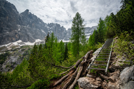 Breathtaking view of forests, mountains, and valleys in the Italian Dolomites (Dolomiti, Dolomiten). Captured from a scenic trail along a rocky ledge. Stunning alpine natureの写真素材
