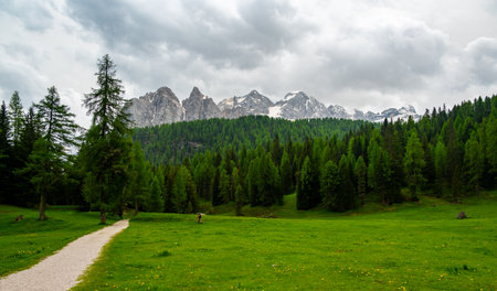 Breathtaking view of forests, mountains, and valleys in the Italian Dolomites (Dolomiti, Dolomiten). Captured from a scenic trail along a rocky ledge. Stunning alpine natureの写真素材