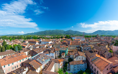 Panoramic view of Lucca, Italy, with red brick rooftops and historic churches seen from above. Tuscan hills and mountains form a stunning summer backdrop under a clear blue sky.の写真素材
