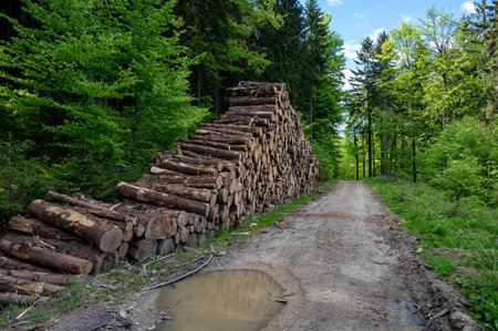Mountain hiking trail winding through valley with stacked and cut tree trunks along the path, showing nature and human activity in harmony.の写真素材