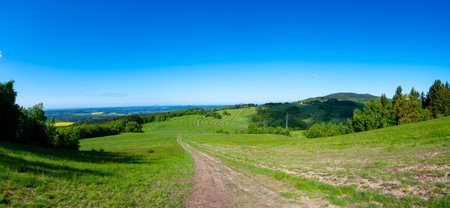Ridge hiking trail from Javornik to Jested with scenic views into valleys and distant Jizera Mountains. Sunny summer day, peaceful nature and beautiful Czech landscapeの写真素材