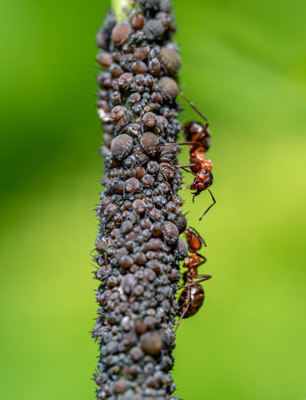 Macro close up of red wood ants (formica rufa) tending to black bean aphids (aphis sambuci) and...