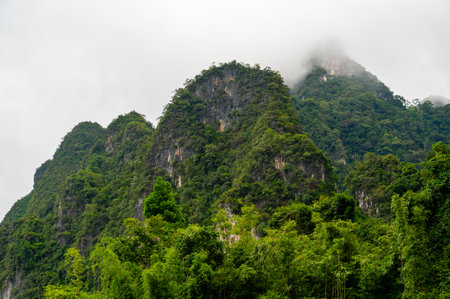 View of Khao Sok Lake in Krabi province, Thailand, with towering limestone cliffs covered in tropical rainforest rising above the calm surface of the lake.の写真素材