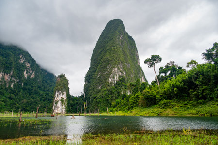 View of Khao Sok Lake in Krabi province, Thailand, with towering limestone cliffs covered in...