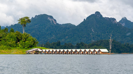 Floating wooden bungalows lined up on the calm waters of Khao Sok Lake in Thailand, surrounded by lush forests and tropical rainforest in a peaceful, remote setting.の写真素材