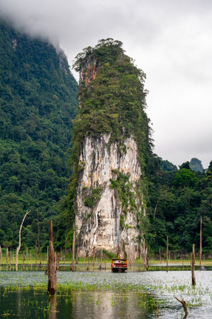 View of Khao Sok Lake in Krabi province, Thailand, with towering limestone cliffs covered in tropical rainforest rising above the calm surface of the lake.の写真素材