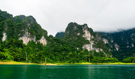 View of Khao Sok Lake in Krabi province, Thailand, with towering limestone cliffs covered in tropical rainforest rising above the calm surface of the lake.の写真素材