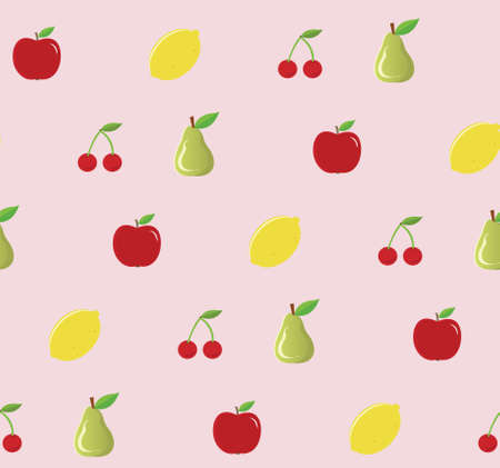 Fruits seamless pattern. Vector flat Illustrations of pears, apples, cherries, lemon on a pink...