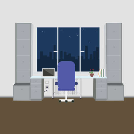Home office, room with furniture. Creative room with big window, desktop, modern monitor, furniture in interior. Flat style vector illustration.のイラスト素材