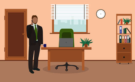 Businessman talking on the phone in office. Manager standing near the table.Office workplace with table, bookcase, window, desk, chair, clock. Vector illustration.のイラスト素材