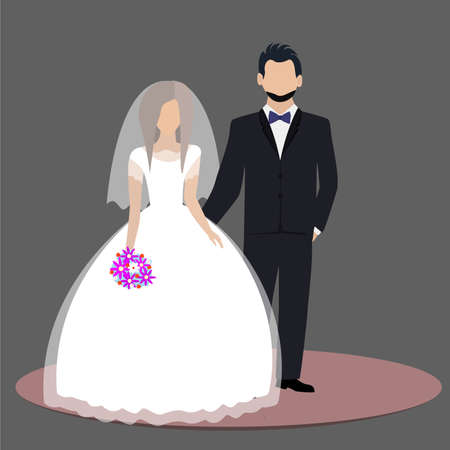 Bride and groom couple standing on wedding day. Grey background. Vector illustrationのイラスト素材