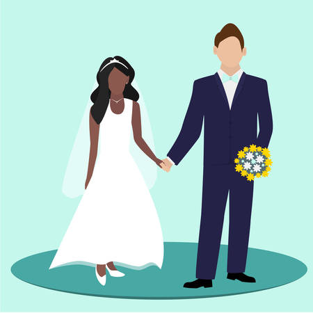 Bride and groom couple holding hands on wedding day. Vector illustrationのイラスト素材