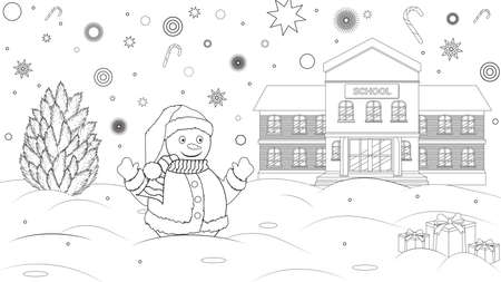 Coloring book for childrens. Snow near the school with school kids. Black and white outline drawingのイラスト素材