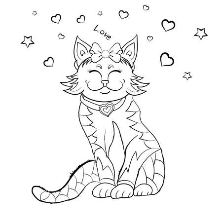 Happy cute kitten coloring book. Beautiful cat coloring book black and white drawing illustration. Colouring book for adults and children. Vector illustration templateのイラスト素材
