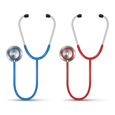 Realistic red and blue 3d stethoscope isolated on white background. Vector illustrationのイラスト素材