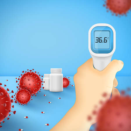 Coronavirus body temperature check during Covid-19 outbreak. Healthcare card with red virus cells and hand holding thermometer on blue background. Empty space for your creativity. Vector illustrationのイラスト素材