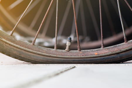 Close up of rust on bicycle wheel. Bicycle tire leak.の写真素材