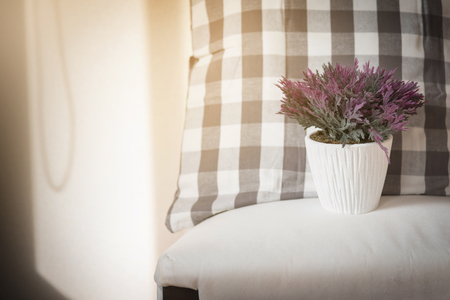 Flower in flower pot on plaid texture pillow . copy space.の写真素材