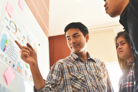 Asian Creative Designer male making a new business presentation project to a group. Meeting. Conference. Brainstorming.の写真素材