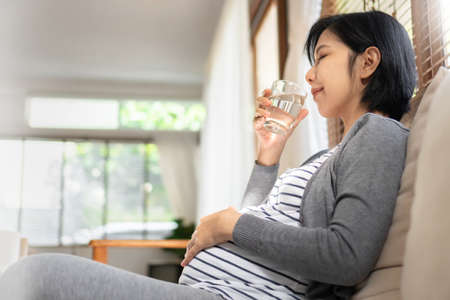 Smiling Asian Young pregnant woman sitting on sofa drinking pure fresh glass of water in living room at home. Happy healthy lifestyle.の写真素材