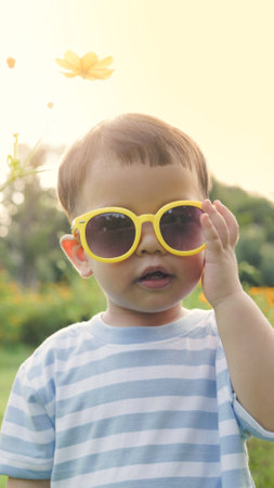 Portrait of Happy Asian little boy in yellow sunglasses looking at camera outdoor, Verticalの写真素材