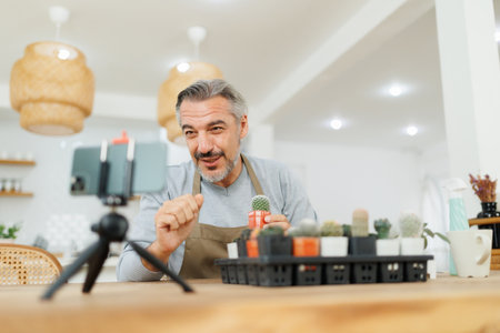 Bearded Mature Adult Man showing cactus in front of smartphone while live streaming, Online shop, Startup small business entrepreneur SMEの写真素材
