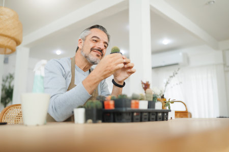 Bearded Mature Adult Man caring cactus at home. Smiling Senior male holding and looking at his cactus pot plant.の写真素材