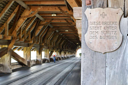 31-10-2021: historic wooden bridge for one way driving in wangen an der aare, switzerland, over the aare riverのeditorial素材