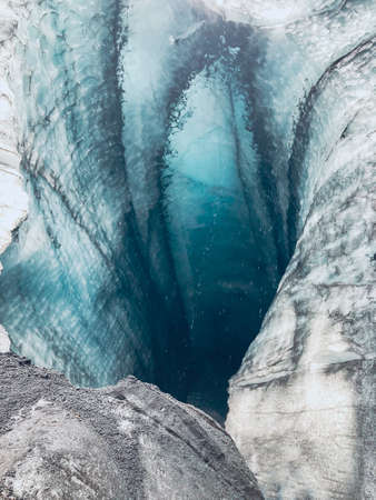 Beautiful view to the top of a glacier cave near Jukularson Lagoon, Icelandの写真素材