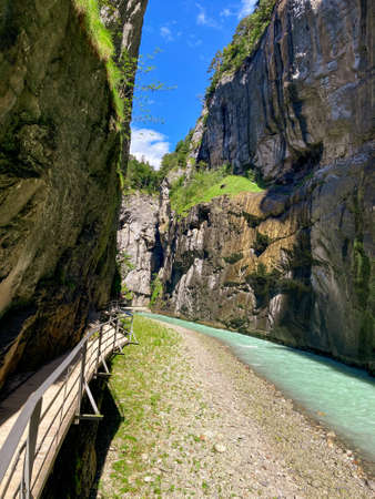 View to the Aareschlucht hiking way and Aare river in Switzerlandの写真素材